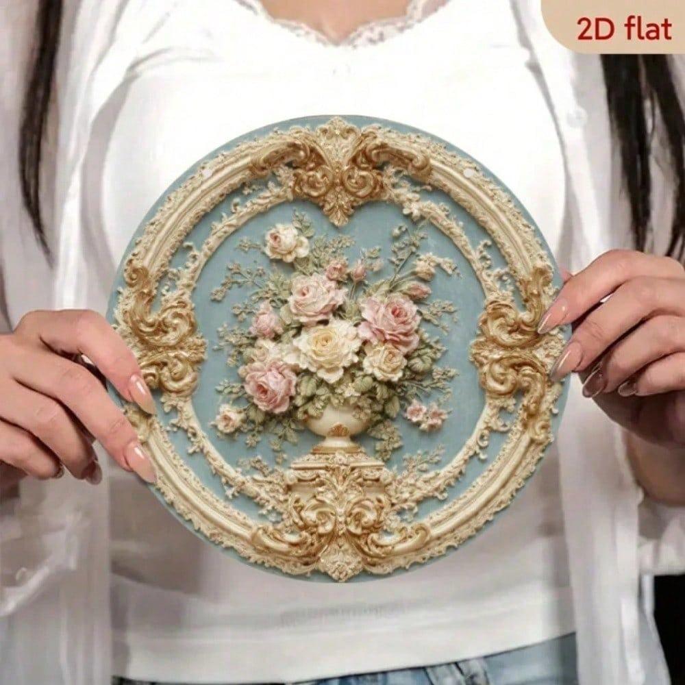 Antiker barocker goldener verzierter Rahmen Metall Wandkunst, zartrosa Rosen & grünes Laub Blumenschild, Elegante Wohnkultur
