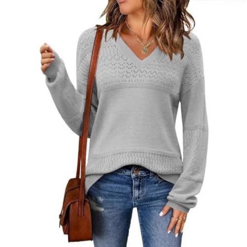 New Style Sweater Contrasting Color Solid Color V-neck Hollow Pullover for Women