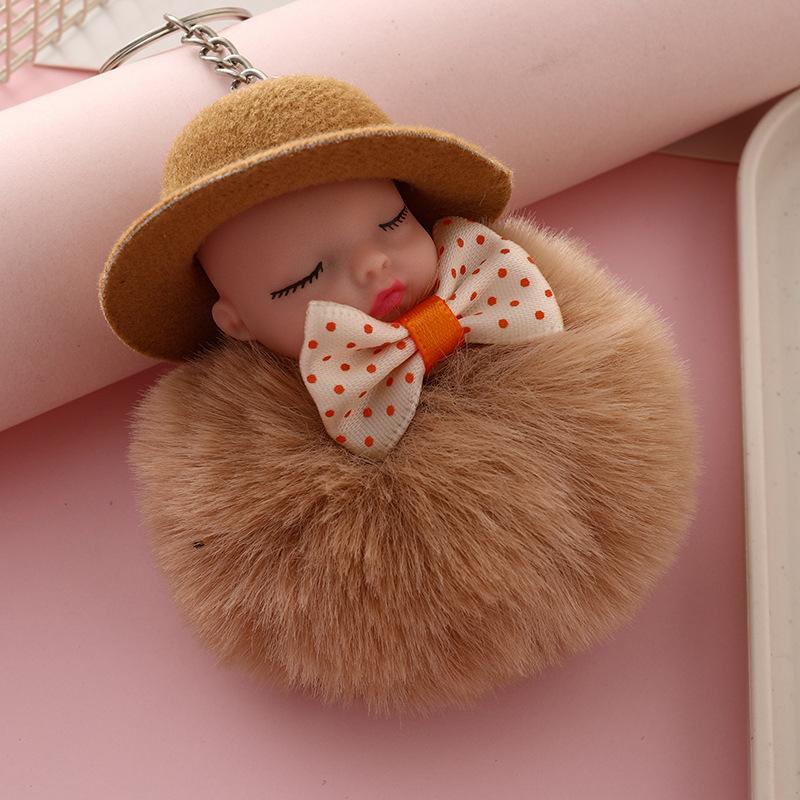 Sleeping Doll Keychain with Hat & Bow, Plush Fur Ball Ornament