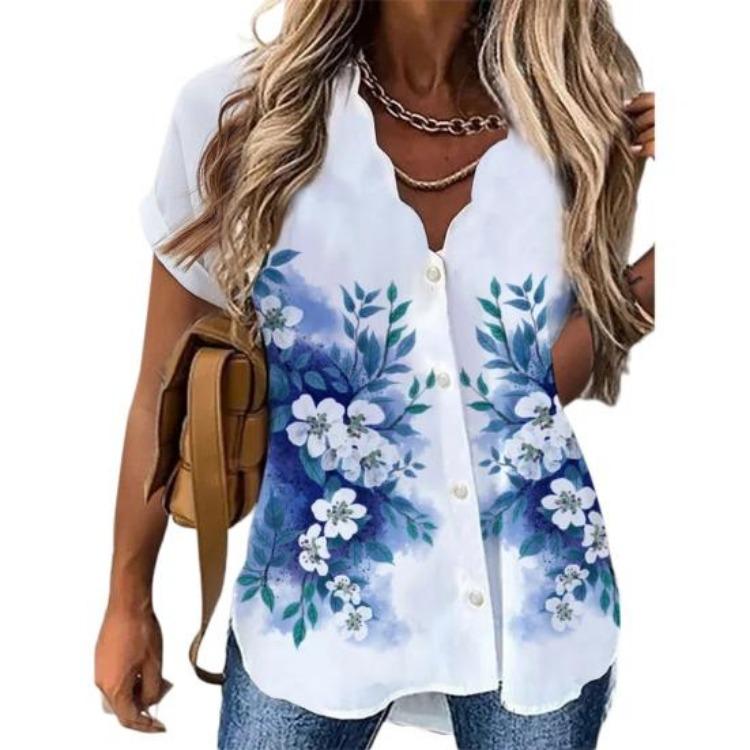 Summer Floral Print Blouse with Petal Neckline Large Buttons Single Breasted Streetwear Fashion