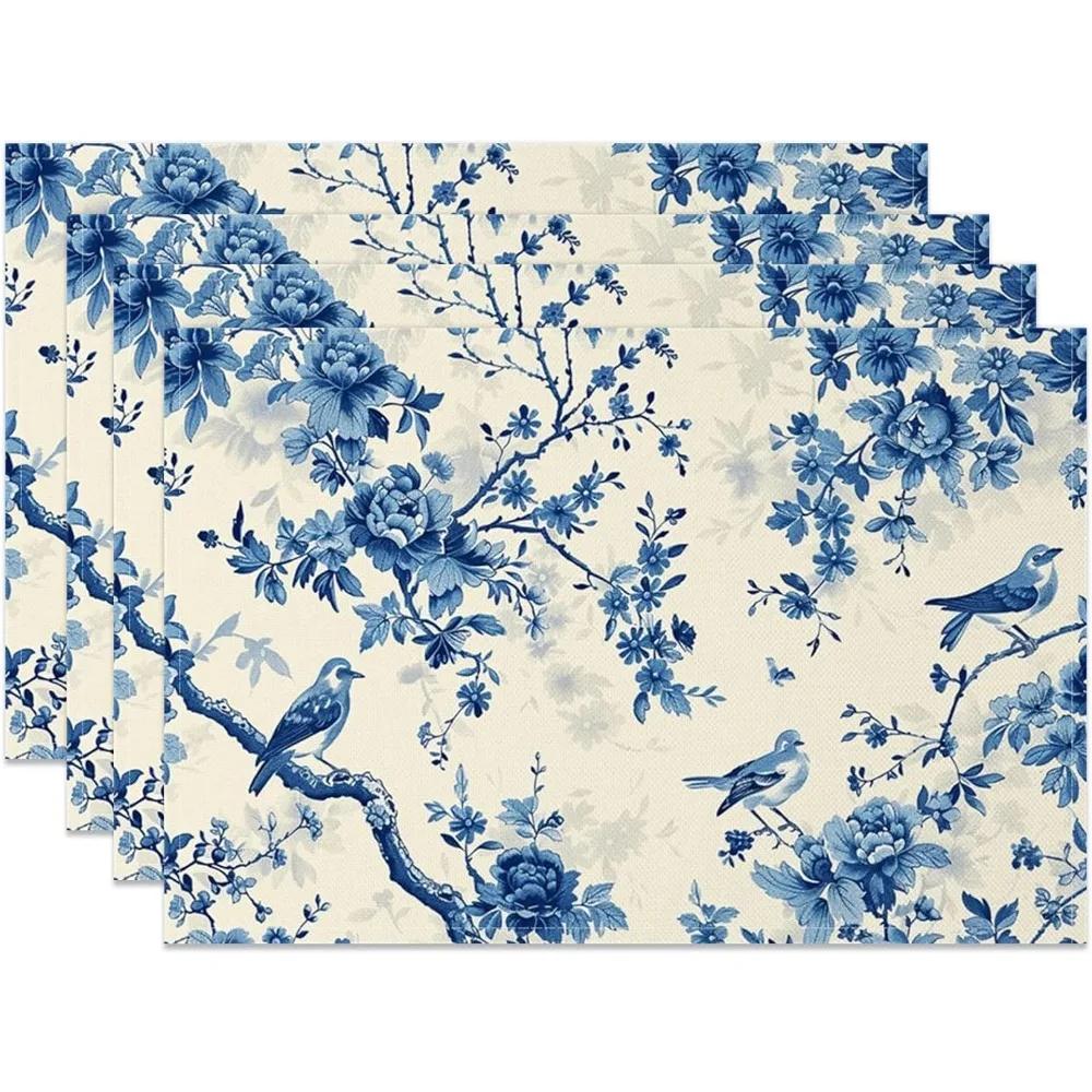 Blue Bird and Flower Placemats Traditional Chinese Blue and White Pattern Place Mats for Kitchen Dining Room Decor