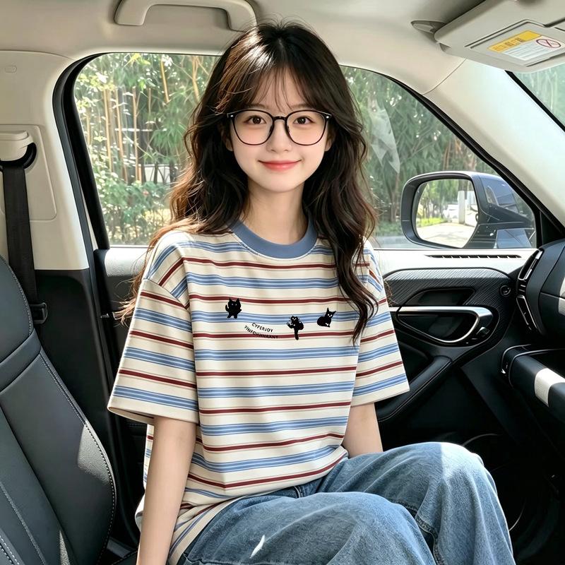 Korean Style Girls' Striped Short-Sleeve T-Shirt, Summer Fashion for Ages 6-12, Loose Fit Versatile Top
