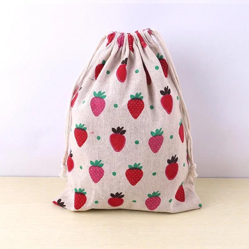 Cotton Linen Drawstring Bag Cute Cartoon Pattern Animal Plant Printed Pouch Dustproof Storage Bag Gift Packaging Bags