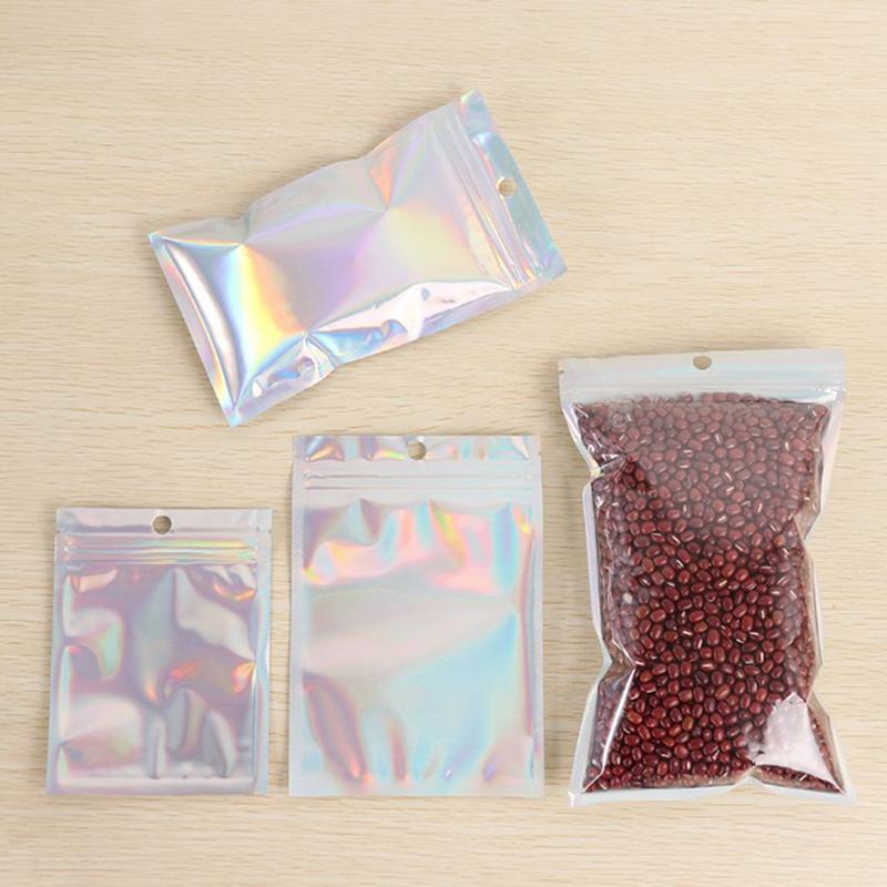 10Pcs Iridescent Zip Lock Pouches Cosmetic Plastic Laser Holographic Zipper Bags