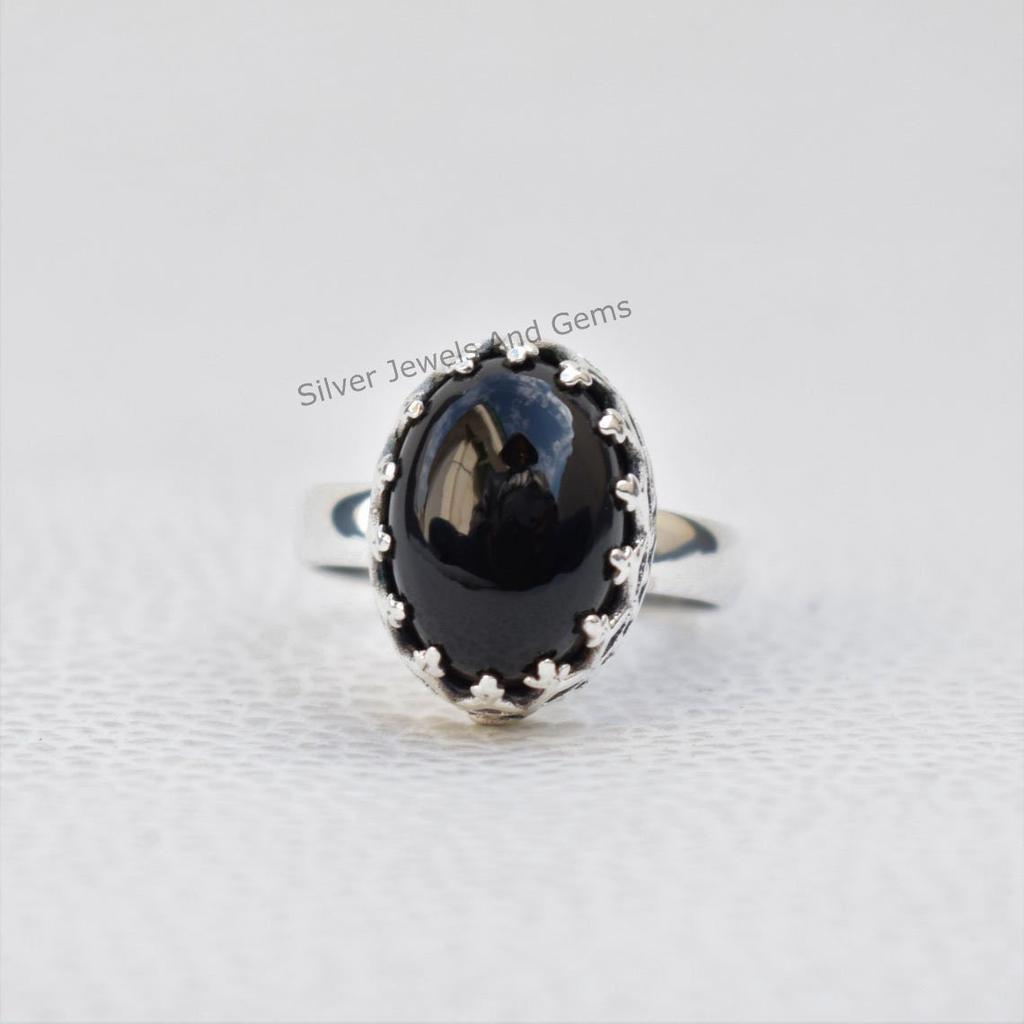 Black Onyx Crown Ring, Handmade 925 Sterling Silver, December Birthstone