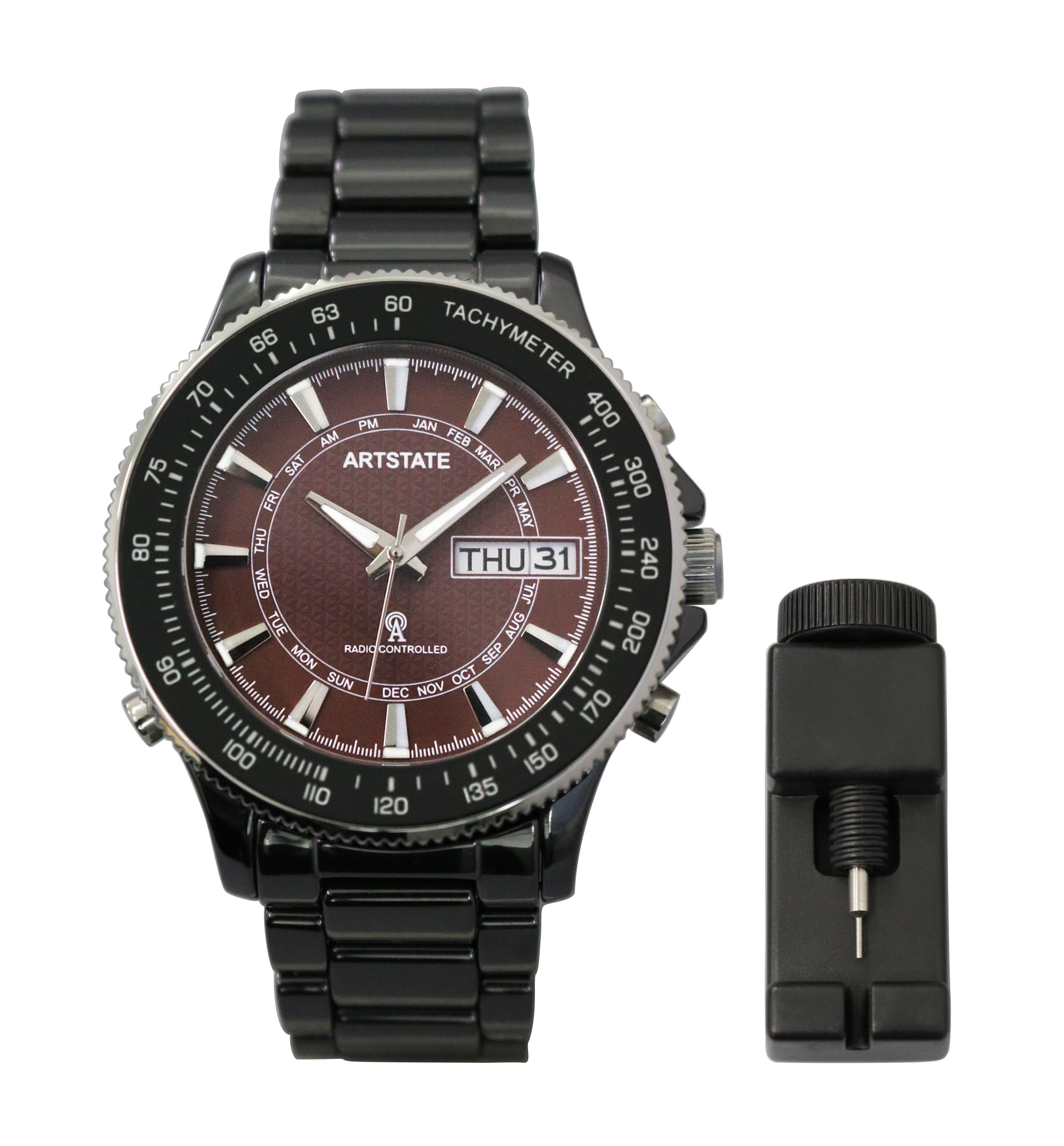 

Часы с датой и днем недели, подсветка, долговечные [ARTSTATE W335B] Мужские радиоуправляемые, дисплей, функция, черные, керамические, чёрный