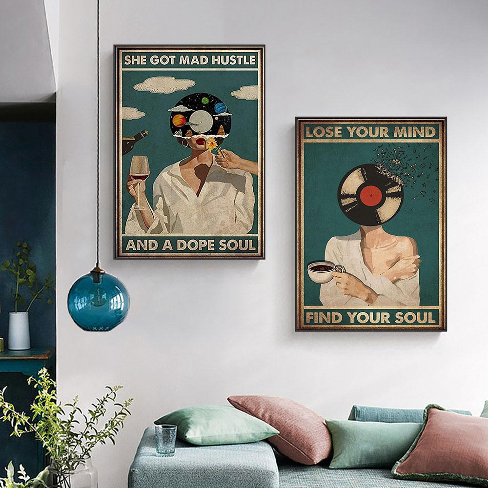 Vintage Abstrakte Kunst Figur Leinwandbild Mode Wandkunst Poster Schallplatte Musik Tänzer Wohnzimmer Heimdekoration Wandbild