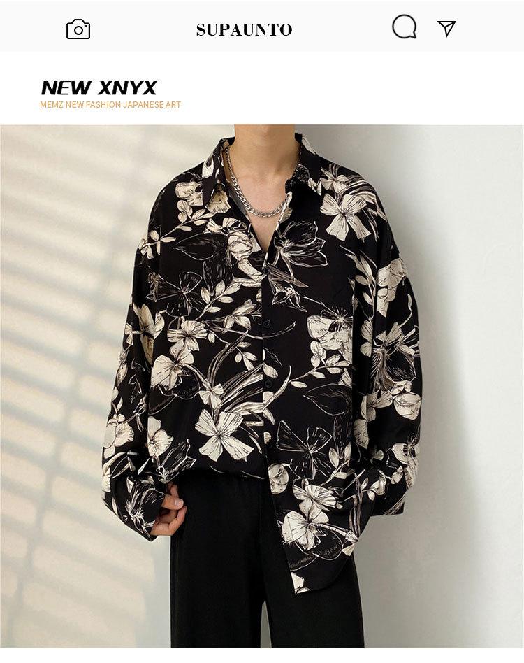 Men's Japanese-Style Full Print Long Sleeve Shirt - Casual, Trendy, Hong Kong-Style Cardigan for Spring/Autumn