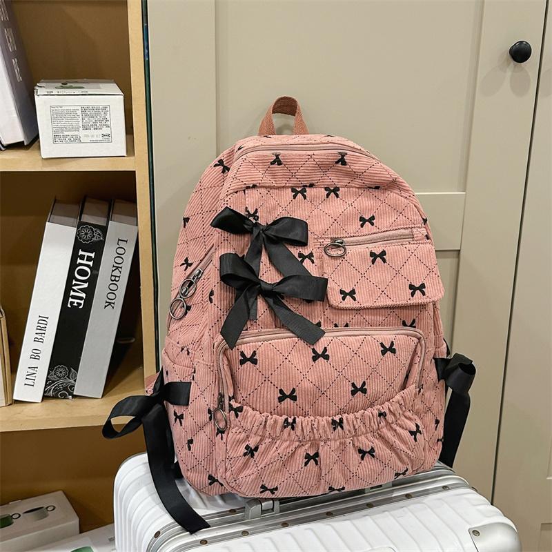 Corduroy Backpack Large Capacity Bow Print Backpack Student Schoolbag