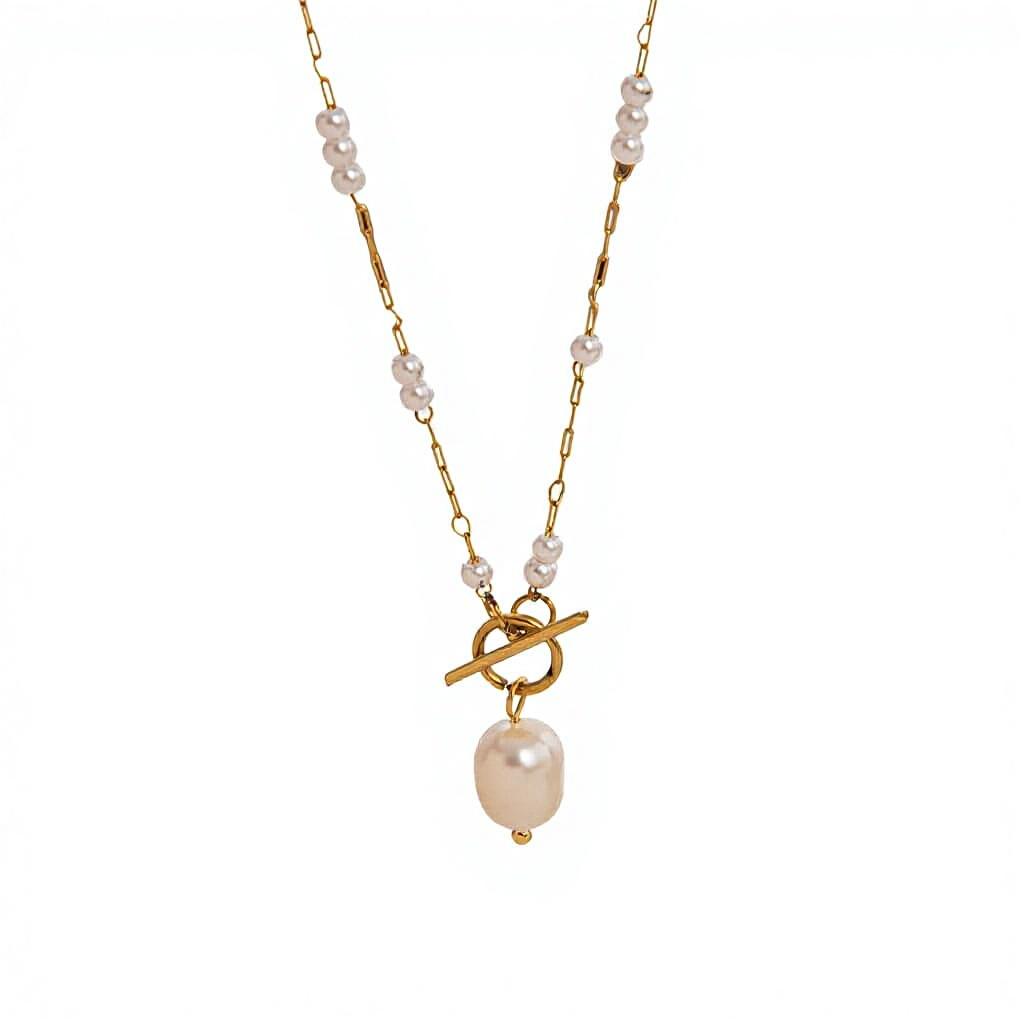 2026 New Style Entry Luxury T-Buckle High-end Pearl Pendant Necklace Women's Niche Design K-Gold Cold Copper Ethnic Bamboo Chain