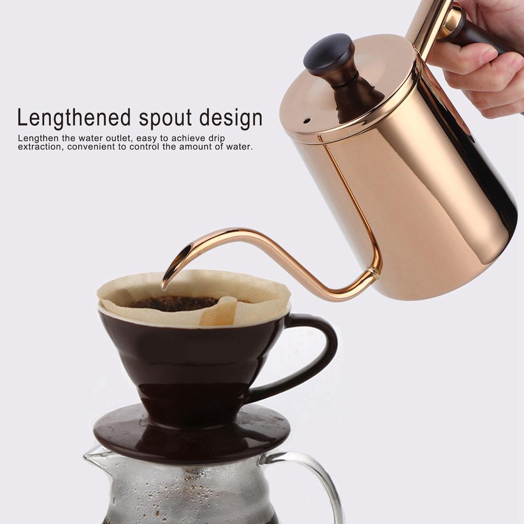 700ml Coffee Kettle 304 Stainless Steel Gooseneck Spout Coffee Drip Pot with Wooden Handle(  SpoutRose Gold )