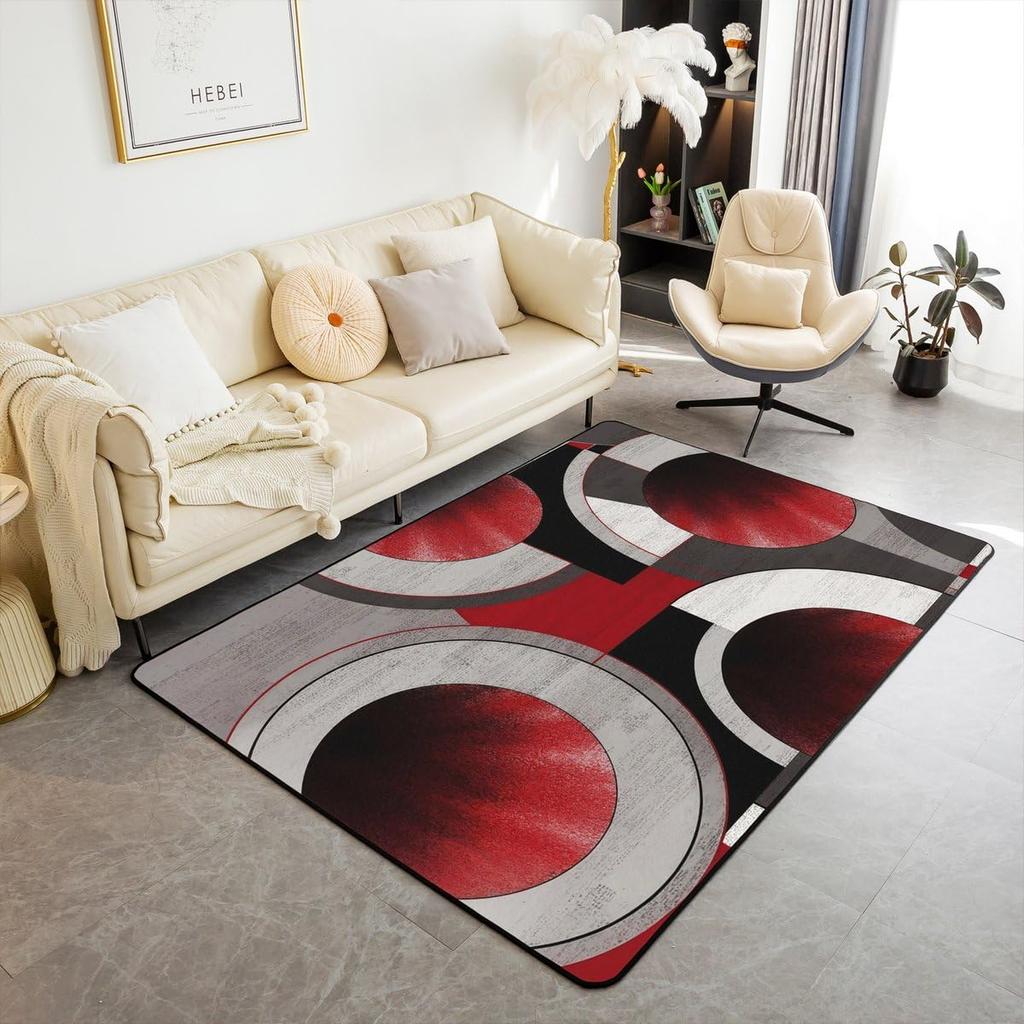 Contemporary Earthy Tone Themed Rug,Red Brown Beige Abstract Wave Non-Slip Floor Mat for Bedroom Living Room Office Decor Carpet