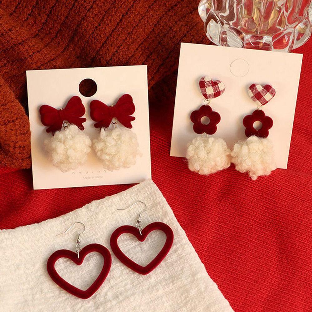 Bowknot Women Fashion Christmas Earrings Jewelry Gifts Heart Stud Earrings Red Velvet Ear Clip