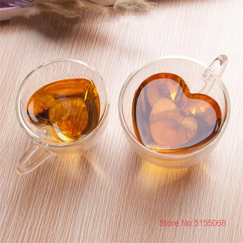 2 Pcs Double Wall Glass Mug With Handle Creative Heart Shape Coffee Cup Cute Milk Water Tea Heart Cup Clear Heart Mug Wholesale
