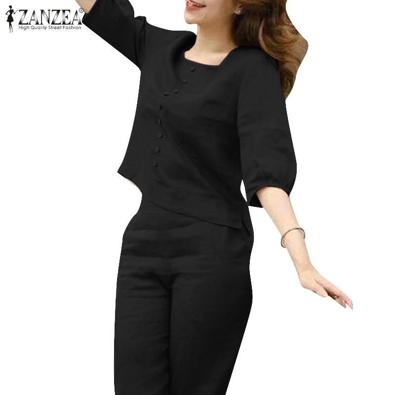 ZANZEA Womens Blouse and Pants Casual Two Piece Trousers Suit Set
