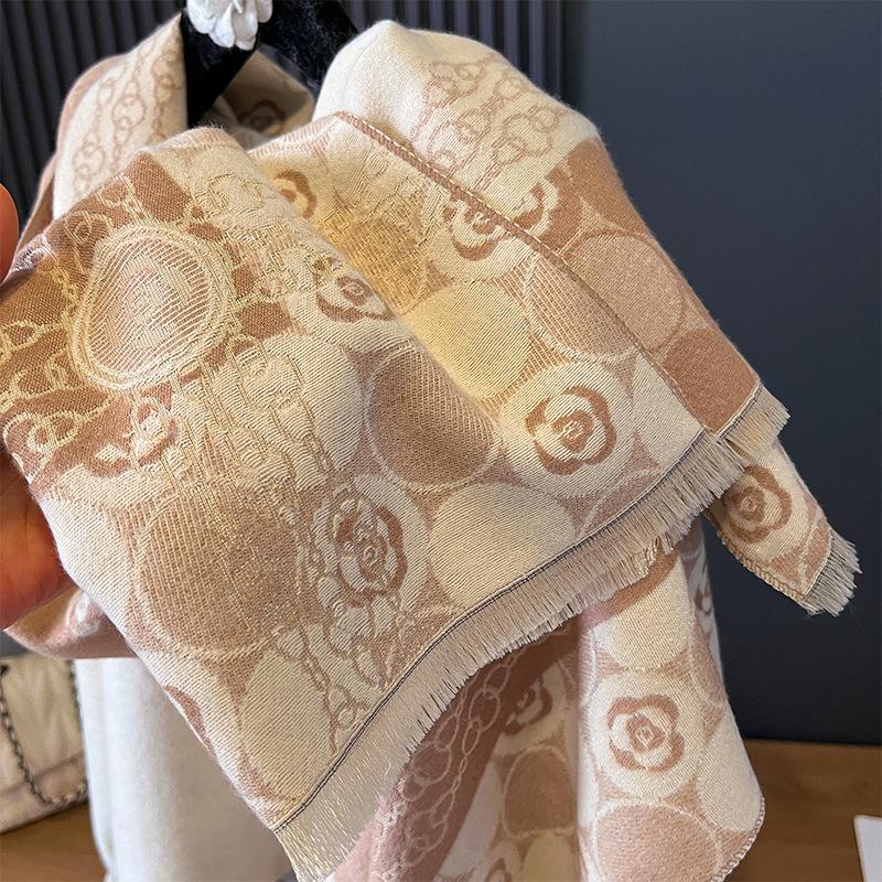 Imitation cashmere scarf girl style simple camellia printing double-sided soft breathable advanced sense