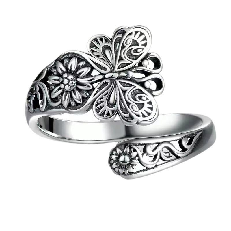 Retro Butterfly Floral Adjustable Ring - Open, Versatile, and Stylish.