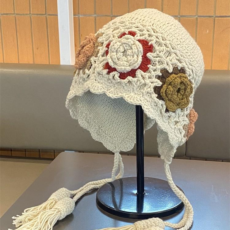 Handwoven double-layer flower wool hat women's autumn and winter warm versatile pullover hat travel fringed knitted hat