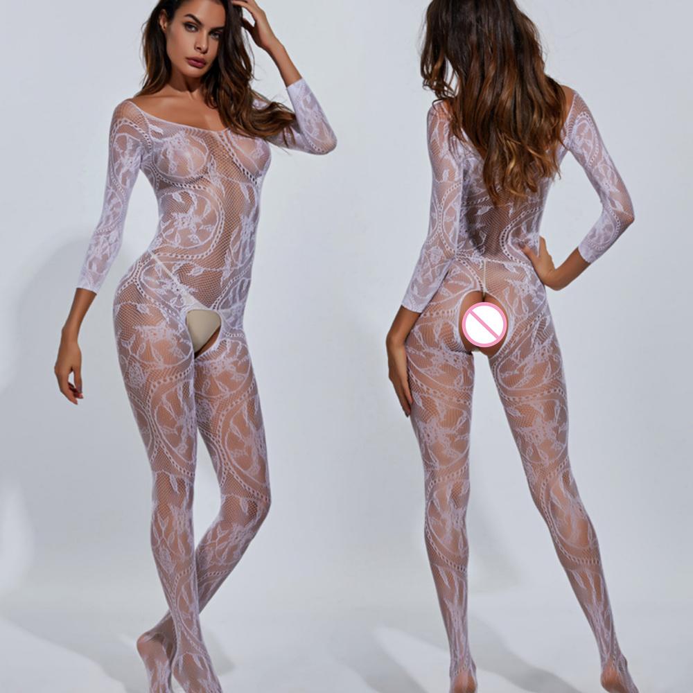 Sexy White Black Lingerie Body Stocking Open Crotch Fishnet Jumpsuit Women Crotchless Lenceria Femenina