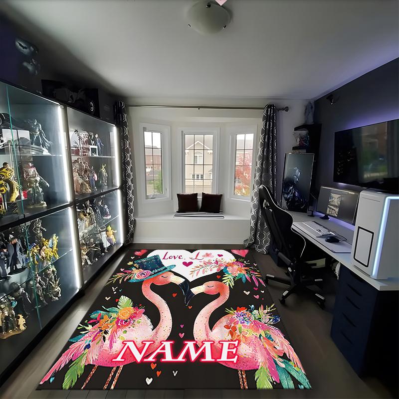 1PC Custom Name Love Flamingos Flowers Theme Floor Mat Ideal for Living Room, Game Rooms, Office, Bedroom,Floor Mat Playful Design