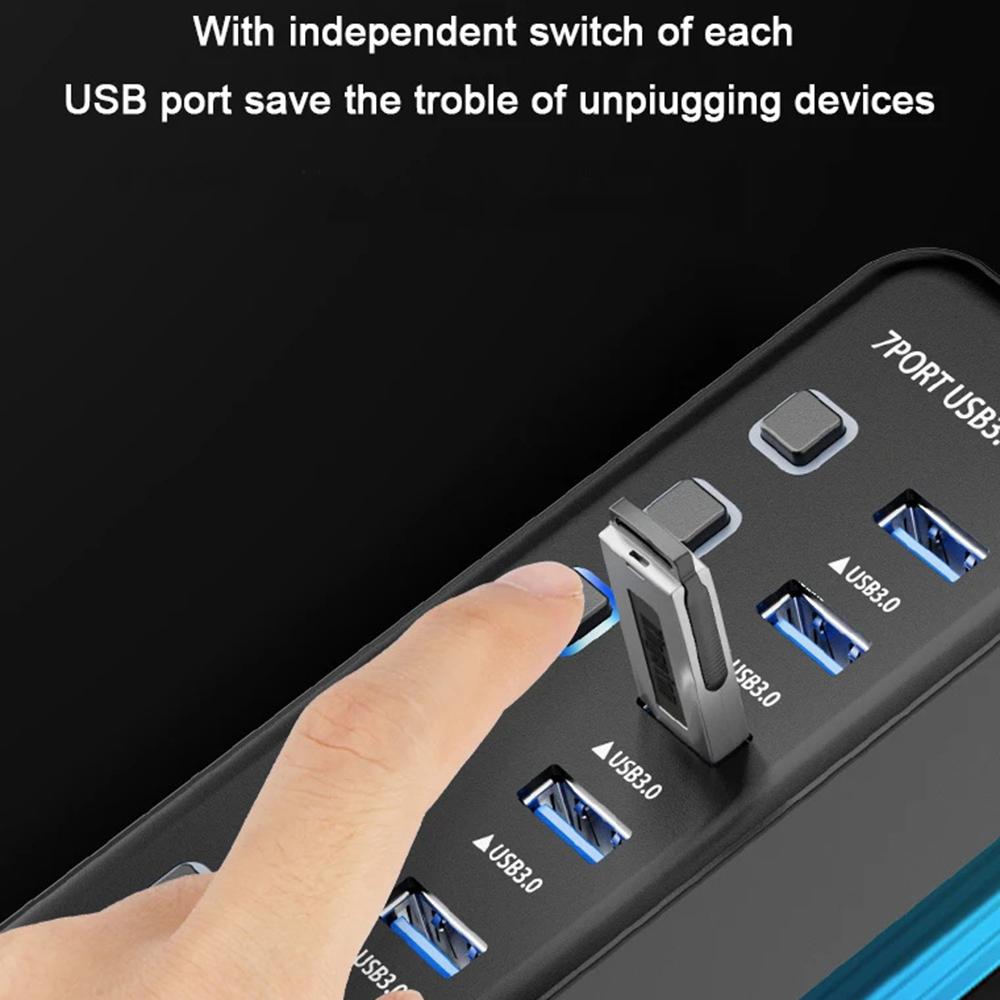 

U307 7-Port USB 3.0 Hub Splitter without LED Lights with Individual On/Off Switches for PC/Smart TV As Shown A