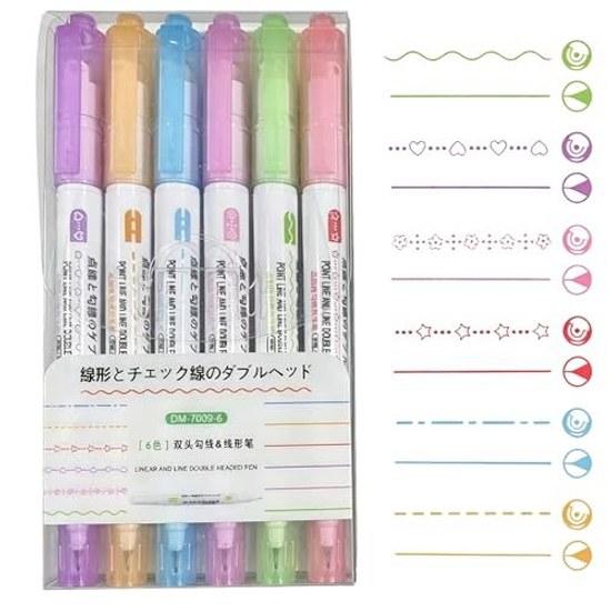 Curve Pen 6 colors types Dual-tip water-based fluorescent Flowerwavy lineheart pattern roller stamp Planner illustration DIY office writing supplies