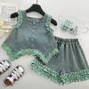 Summer 2025 Girls' Lace Denim Vest & Shorts Set - Sleeveless Two-Piece Outfit