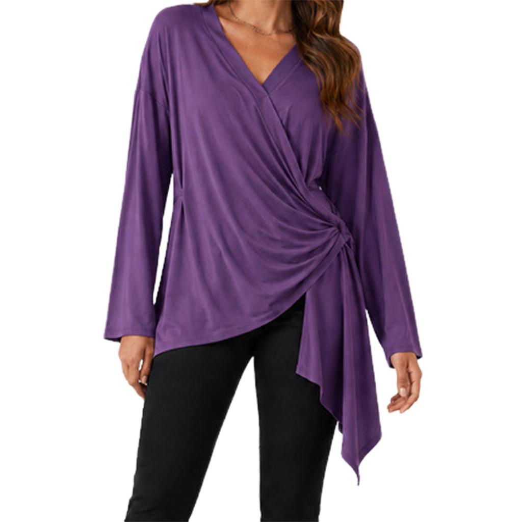 Women's Elegant V Neck Long Sleeve Top Color Casual Blouse for Everyday Wear