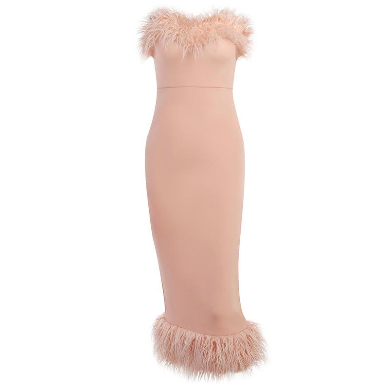 Personality Sleeveless Bodycon Dress with Side Slit and Fur Details Skirt Slim-fit Bag Hip Fluffy Pencil Skirt Dress Dress Skirt Bridesmaid Skirt