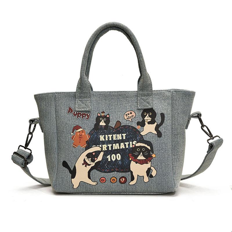 Cartoon Denim Bag Women's New Fashion Portable Tote Bag Casual Large-capacity Bag
