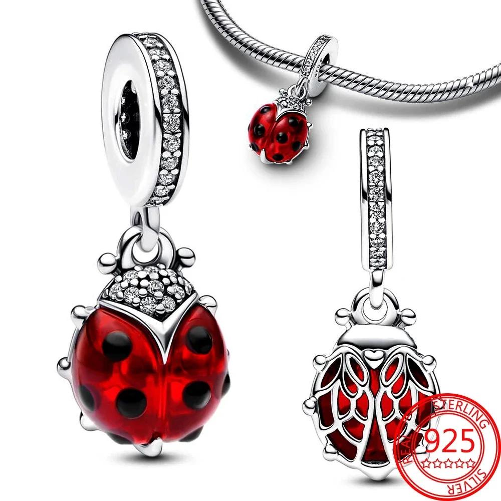 925 Silver Red Enamel Dragon Ladybug Strawberry Wine Bottle Horse Rose Apple Heart Lucky Beads Charms Pendent Fine Jewelry Gift