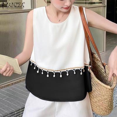 Women Casual Round Neck Patchwork Summer Sleeveless Tank Tops
