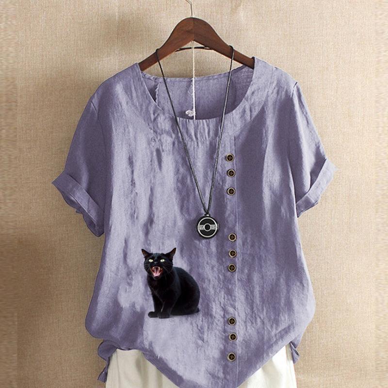 Damenmode, T-Shirt mit schwarzem Katzen-Print, kurzärmelig, lockeres Baumwollhemd, lässige Sommerbluse, Tops, Übergröße