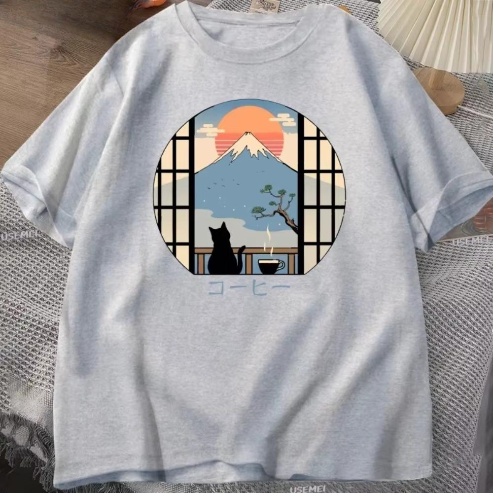 Coffee Cat Mount Fuji print TShirt men and Womens Crew Neck Short Sleeve JapaneseStyle Printed Loose Top