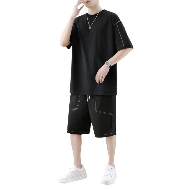 Men's new summer solid color simple short-sleeved shorts two-piece set casual loose versatile large size suit