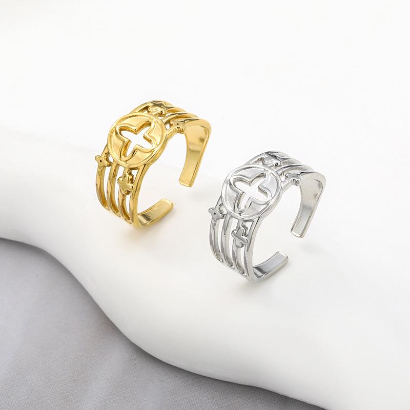 Inel exagerat din oțel titan, inel cu trifoi cu patru foi, deschidere feminină, reglabil, inel din oțel inoxidabil pentru cupluri