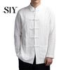 Long Sleeve Pockets Shirt Men Autumn Chinese Style Top Mandarin Collar Disc Solid Color Stand-up Button Traditional Kung Fu Tai Chi Tang Tops Uniform