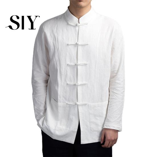 Long Sleeve Pockets Shirt Men Autumn Chinese Style Top Mandarin Collar Disc Solid Color Stand-up Button Traditional Kung Fu Tai Chi Tang Tops Uniform