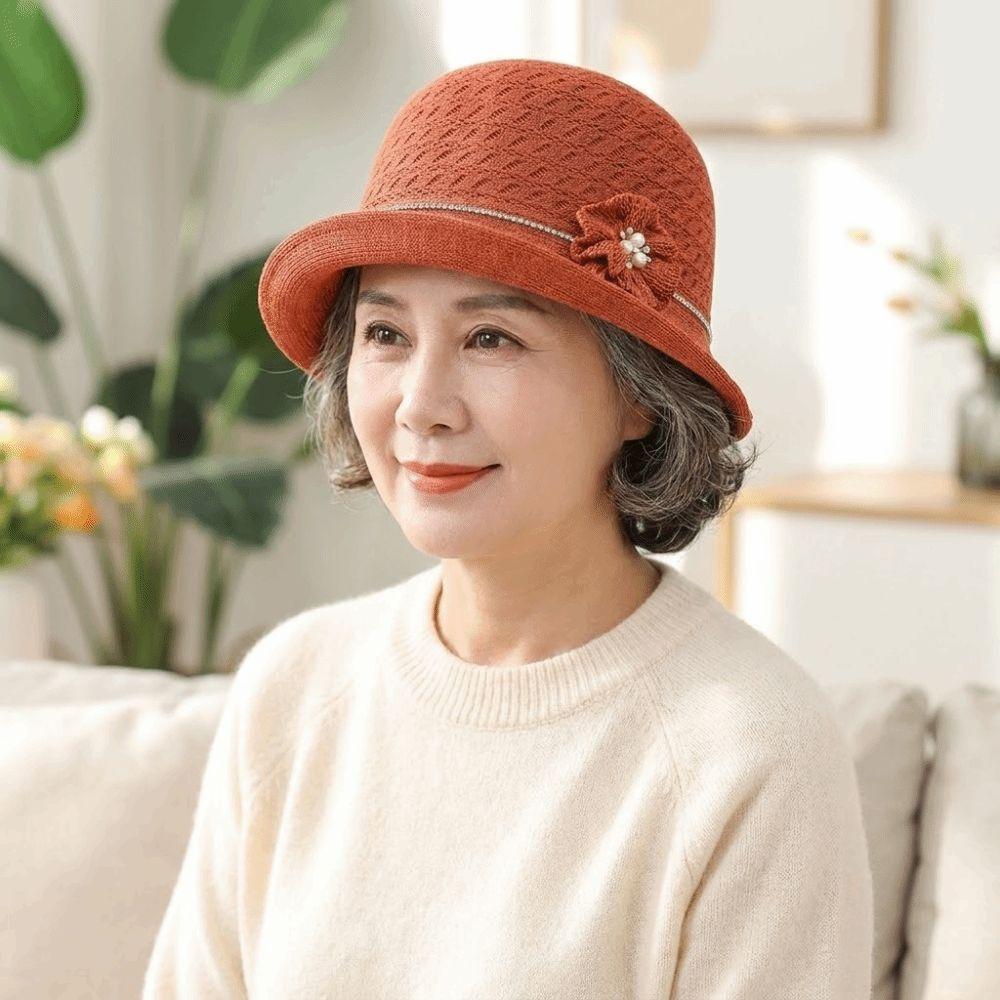 Fashionable Round-Top Sun Hat Elegant Pearl Middle-aged Mother Hat Sun-Shielding Lightweight Bucket Hat Shopping Malls