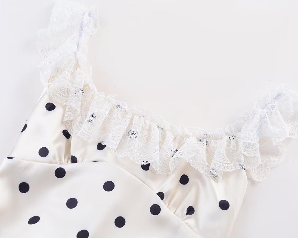Spring and summer new pure desire wind polka dot suspender dress women's round neck backless lace splicing waist and thin skirt