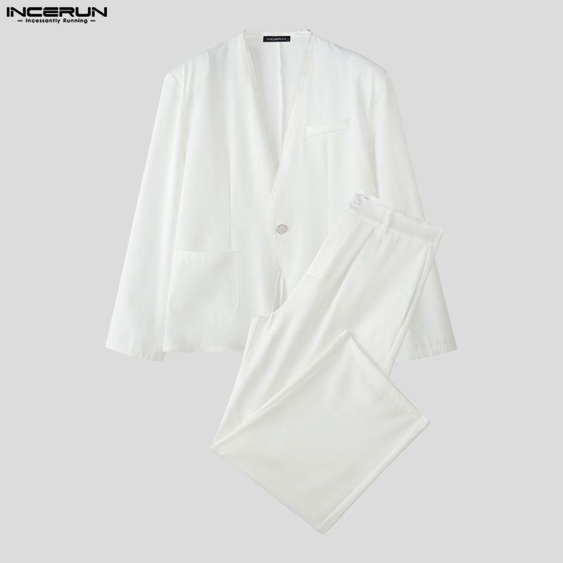 INCERUN 2PCS Men Spring Long Sleeve V Neck One Button Shirts Pants Sets