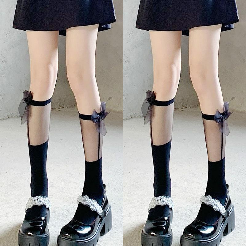 

Mu Ruan Bowknot Socks for Women, Mid-Calf, Lolita Style, Japanese Sweet Patchwork jk Summer thin transparent calf socks Color OPP Bags