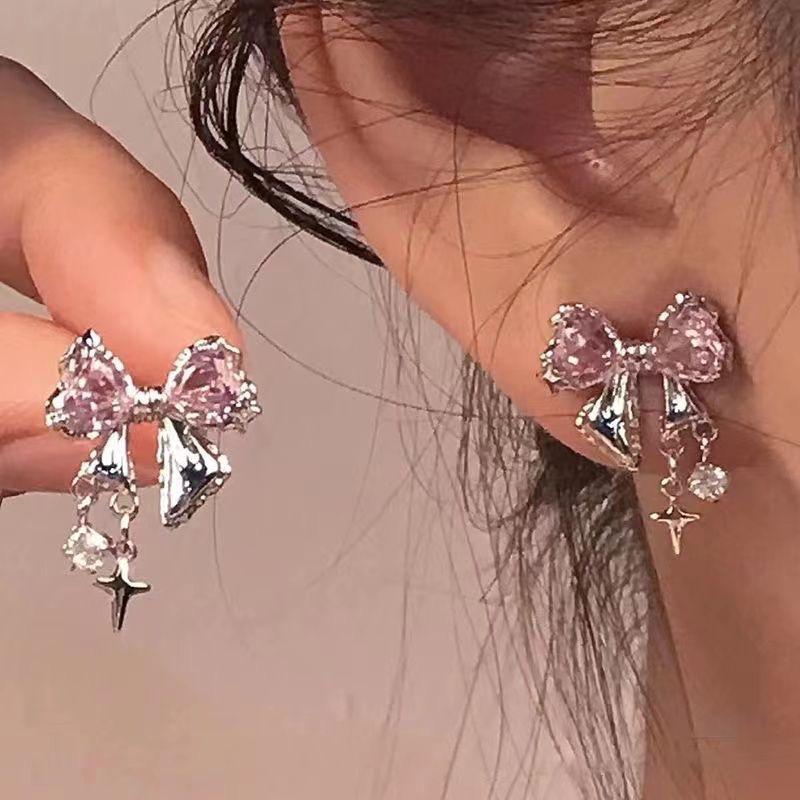Moonlit Star River Bowknot Earrings: Women's Light Luxury, Exquisite Studs, Versatile Fashion Accessories.