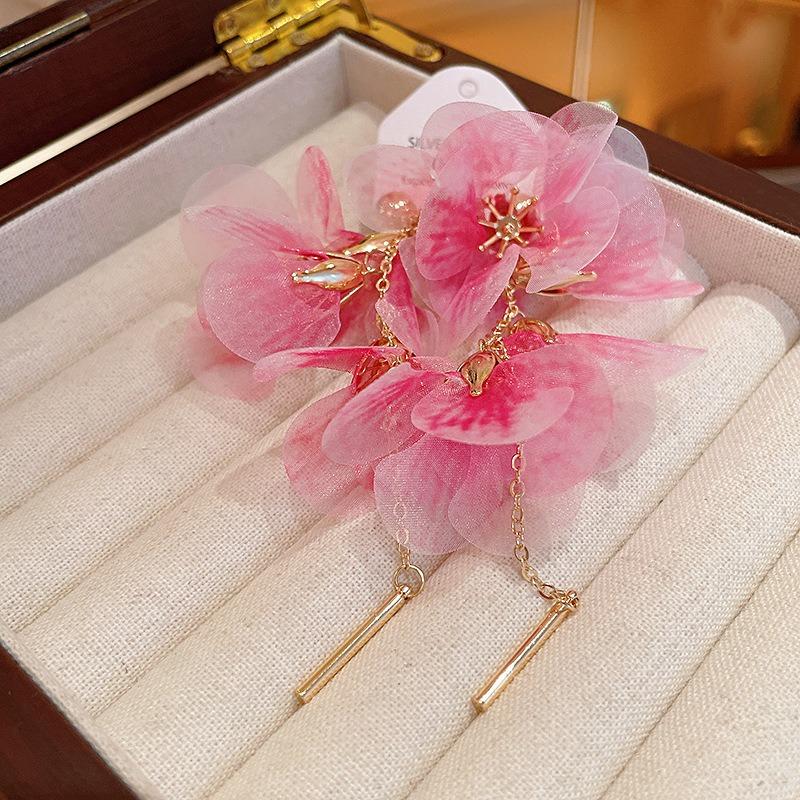 Silver needle flower mesh long earrings Mori small fresh and sweet temperament earrings fashion niche design earrings