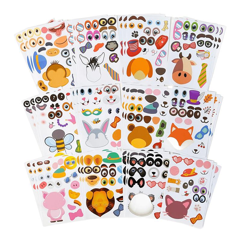 6/12/24/36Sheet Make an Animal Face DIY Sticker Random Mix Animal Mermaid Face Jigsaw Puzzle Stickers Cartoon Table Pet Gift ZYF