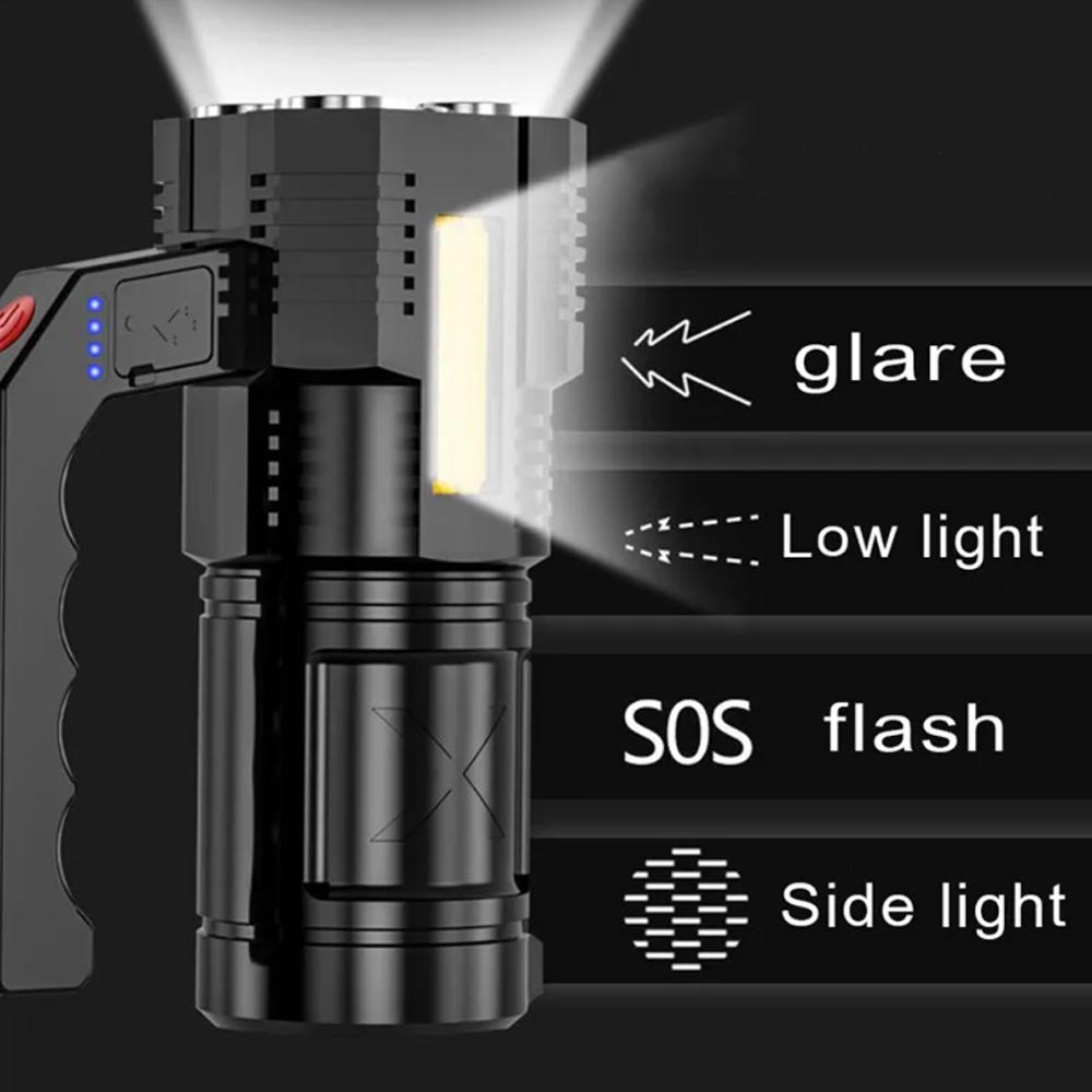 Portable LED Quad Core Strong Light Flashlight USB Rechargeable Waterproof Handheld Lantern Flashlights for Outdoor Camping