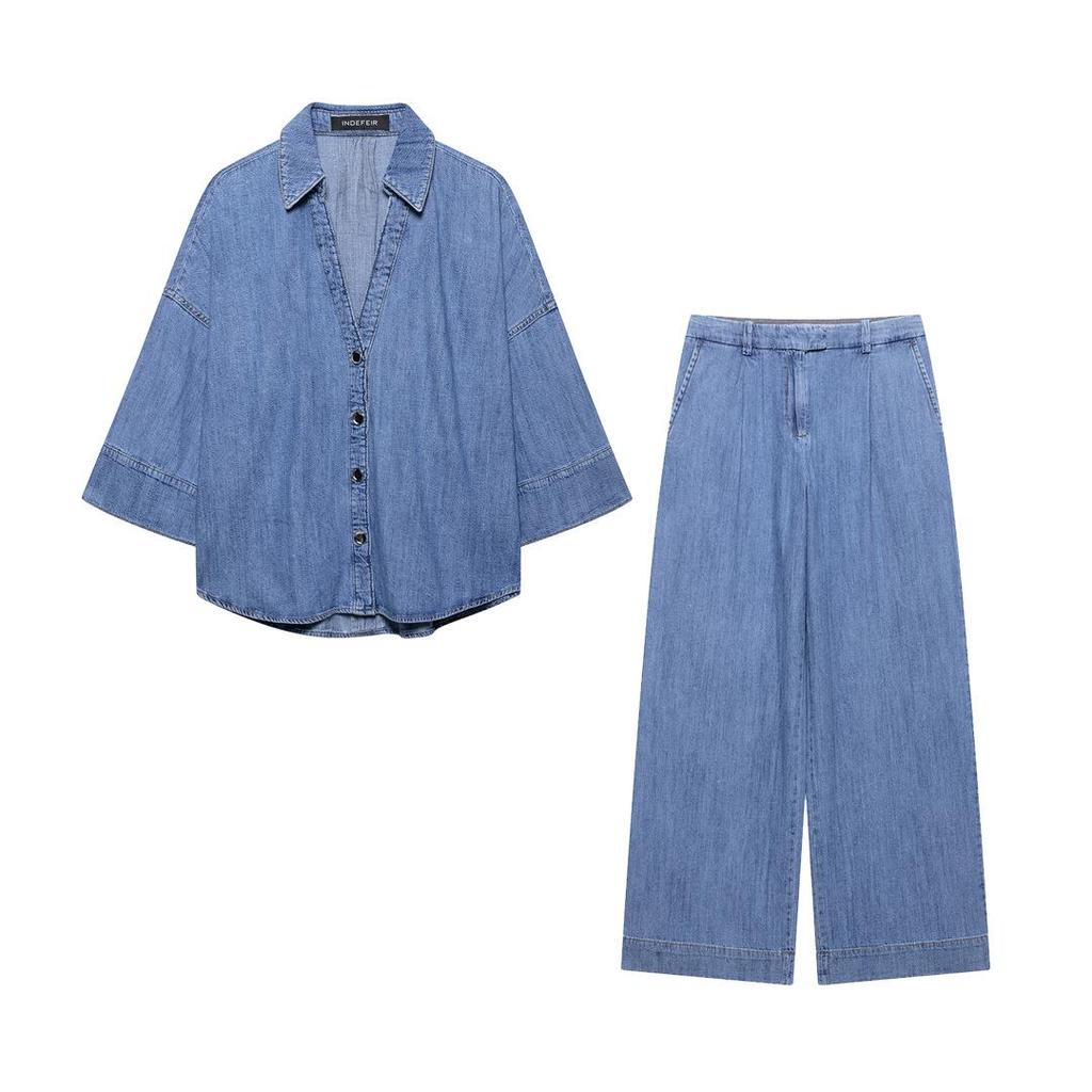 Spring 2025 Women's European and American Style Wide Sleeve Denim Shirt with Casual Long Pants