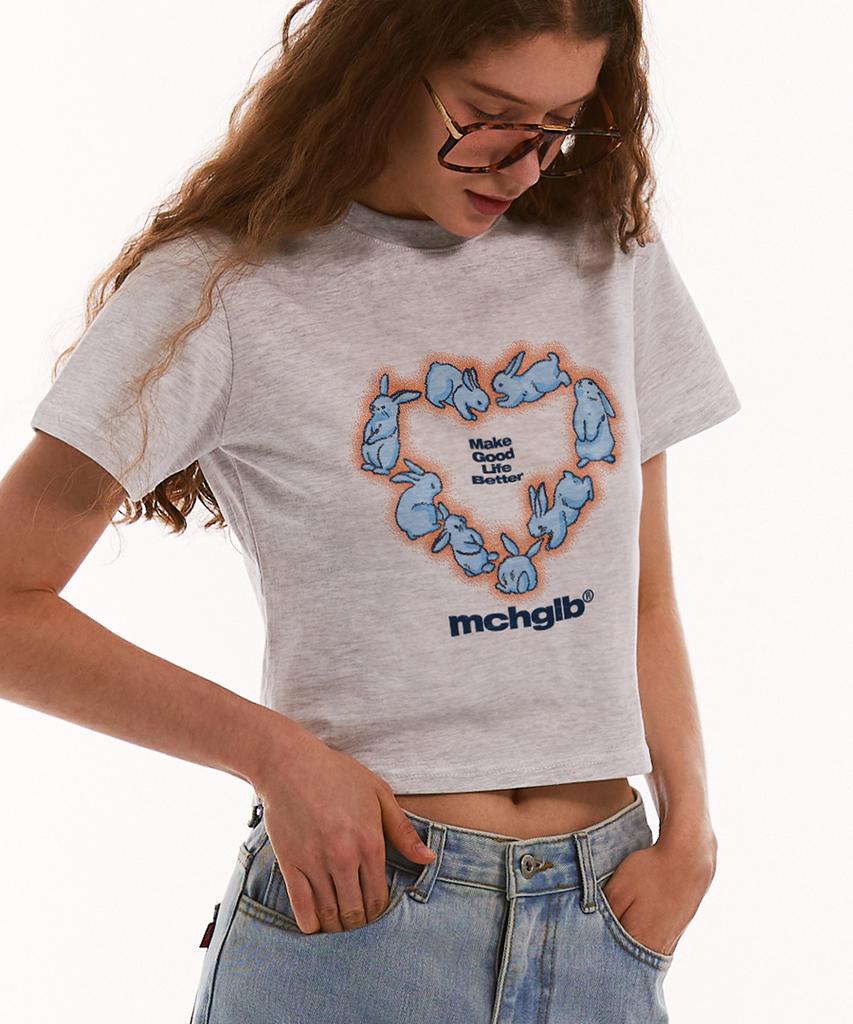 MATCHGLOBE Heart Rabbit Crop Top (Light Melange)