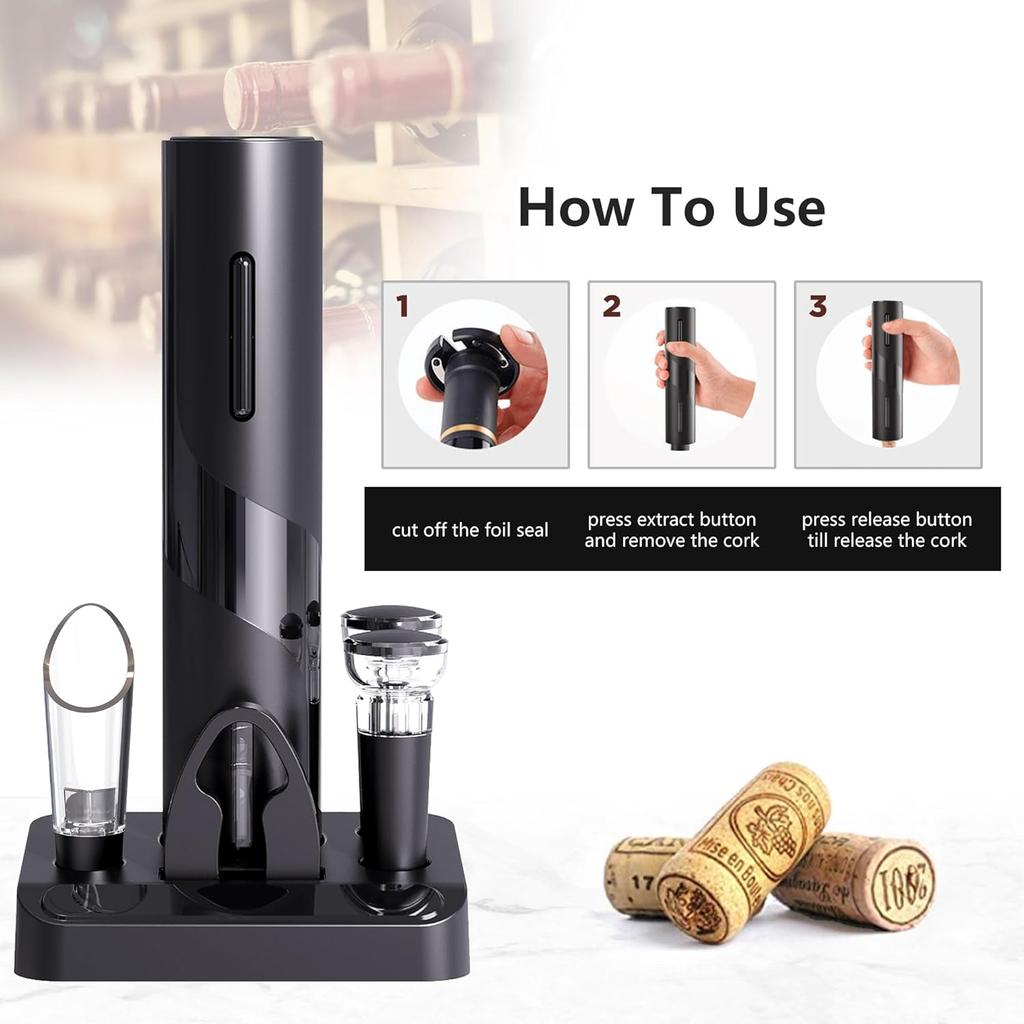 Wine Opener Set, Battery Operated Wine Bottle Corkscrew Opener with Foil , Wine Aerator Pourer, Vacuum Stoppers, Reusable Wine B