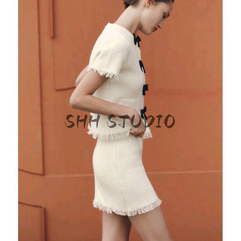 Frayed Edge Knitting High Waist Mini Skirt 9598039 Bowknot Decoration Short Sleeve Elegant Knitting Outwear 9598038